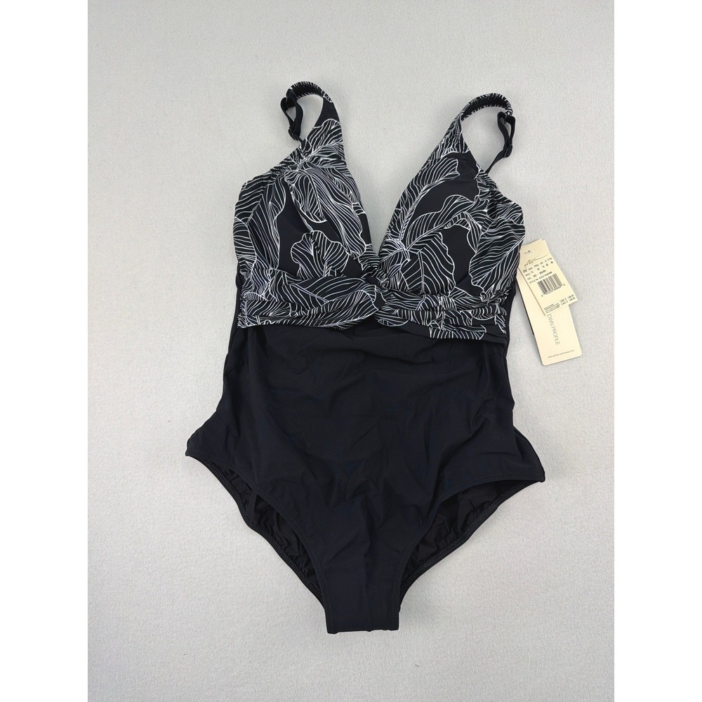 Profile by Gottex Womens One Piece‎ Swimsuit Black White Leaf Print Size 12 NEW